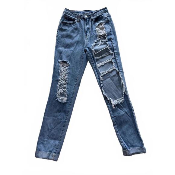 Shein Women's Distressed Wash Jeans Ripped Jeans‎ Medium Wash Size 3 - Picture 1 of 3